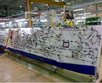 Automobile wiring harness is assembled and inspected on wiring harness board